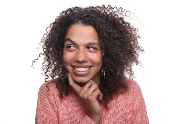Mujer Negra Feliz Sobre Fondo Blanco —  Fotos de Stock