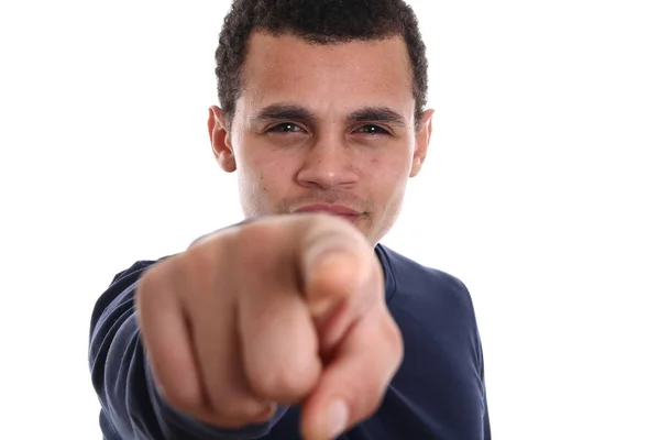 Hombre Negro Apuntando Cámara —  Fotos de Stock