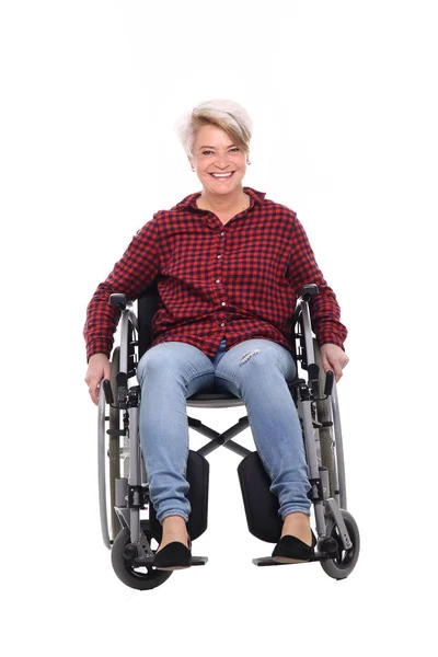 Mulher Branca Cadeira Rodas Está Sorrindo — Fotografia de Stock