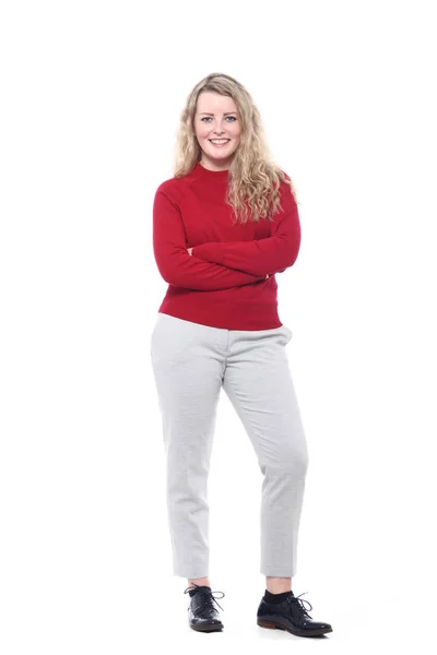 Lächelnde Blonde Frau Auf Weißem Hintergrund — Stockfoto