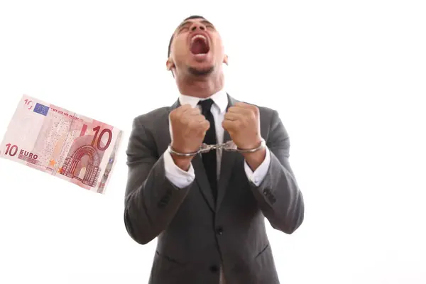 Hombre Negocios Negro Esposado Con Dinero Euros Concepto Corrupción — Foto de Stock