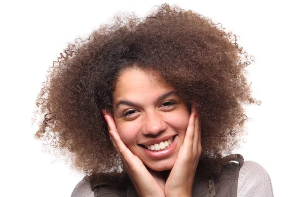 Счастливая Молодая Черная Женщина Белом Фоне — стоковое фото