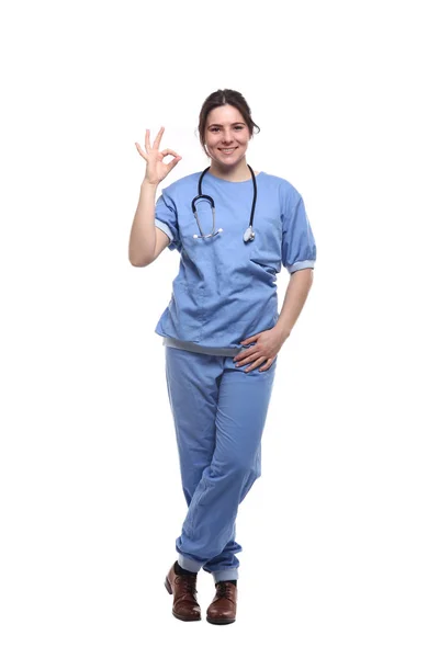 Caucasian Female Doctor Medical Uniform Stethoscope Showing Sign — Stock Photo, Image