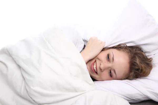 Beautiful Young Girl Lying Bed Smiling — Stock Photo, Image