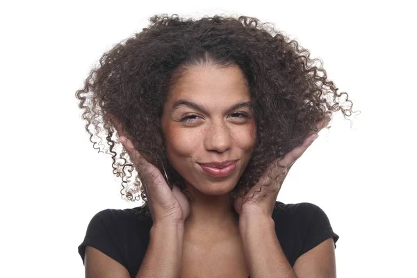 Gelukkig Zwarte Vrouw Witte Achtergrond — Stockfoto