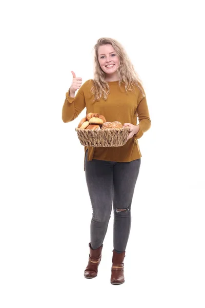 Sarışın Kız Ile Farklı Ekmek Sepeti Tutan — Stok fotoğraf