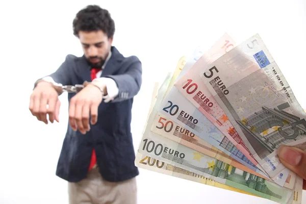 Hombre Negocios Negro Esposado Con Dinero Euros Concepto Corrupción — Foto de Stock