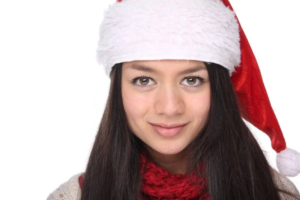 Mutlu Genç Asyalı Kız Noel Şapka Giyiyor — Stok fotoğraf