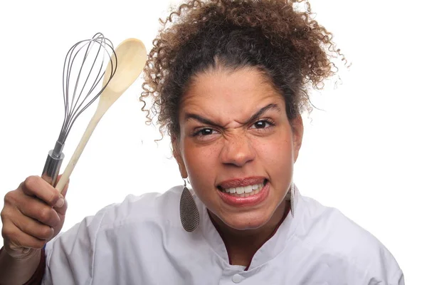 Mujer Negra Sosteniendo Utensilios Cocina —  Fotos de Stock