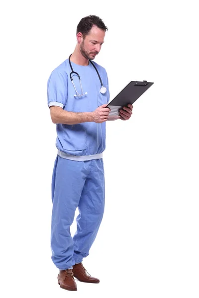 Male Doctor Wearing Special Uniform Stethoscope Clipboard — Stock Photo, Image