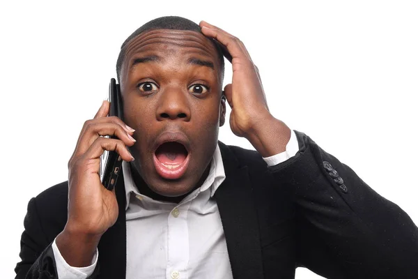 Negro Hombre Negocios Hablando Teléfono Móvil — Foto de Stock