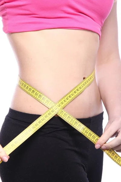 Caucasian Slim Girl Measuring Figure Measuring Tape — Stock Photo, Image