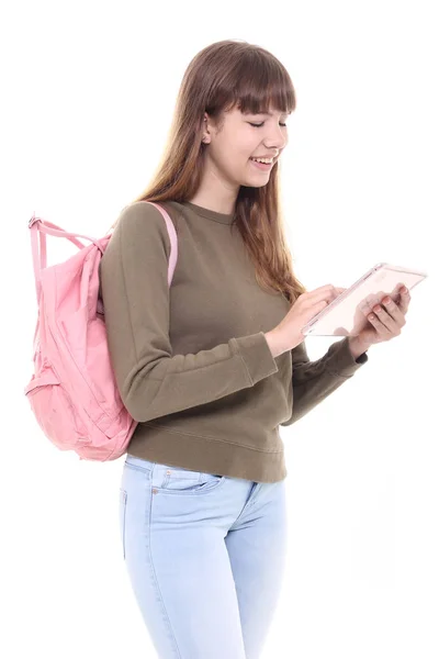 Gadis Sekolah Remaja Yang Cantik Dengan Komputer Tablet — Stok Foto