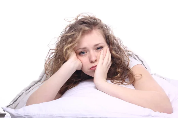 Beautiful Young Girl Lying Bed — Stock Photo, Image