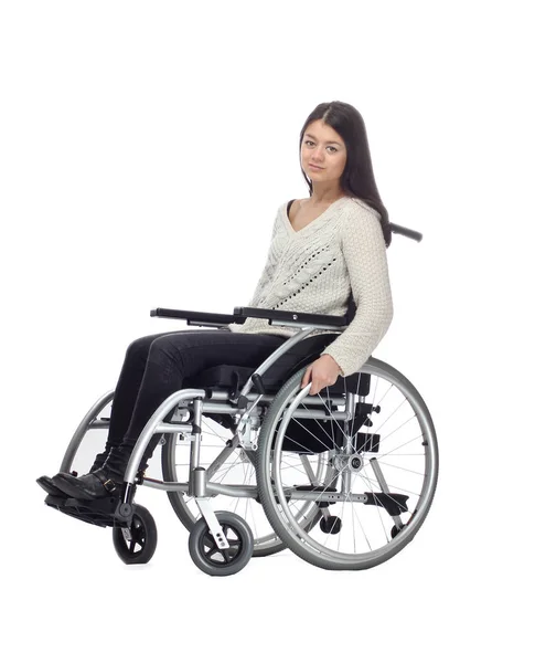 Jovem Mulher Asiática Cadeira Rodas Está Sorrindo — Fotografia de Stock