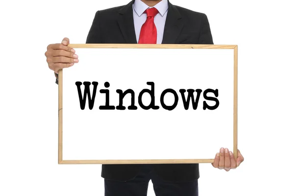 Επιχειρηματίας Κρατά Τον Μαυροπίνακα Λέξη Windows — Φωτογραφία Αρχείου