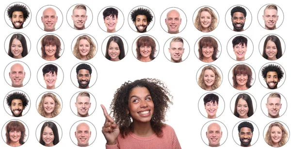 Mulher Afro Americana Ter Uma Nova Ideia Fundo Ícones Com — Fotografia de Stock