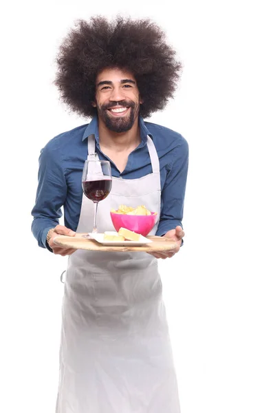 Happy Black Man Holding Wooden Board Wine Cheese White Background — Stock Photo, Image