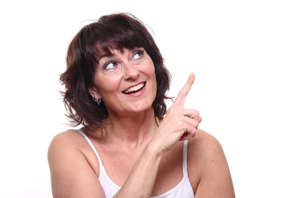 Happy Adult Woman Pointing Something — Stock Photo, Image