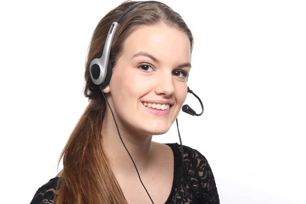 Menina Bonita Usando Fone Ouvido Operador Call Center — Fotografia de Stock