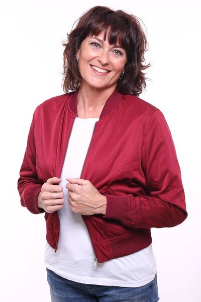 Happy adult brunette woman