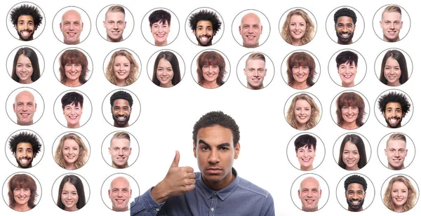 Afro Amerikaanse Man Toont Duimen Achtergrond Van Iconen Met Mensen — Stockfoto