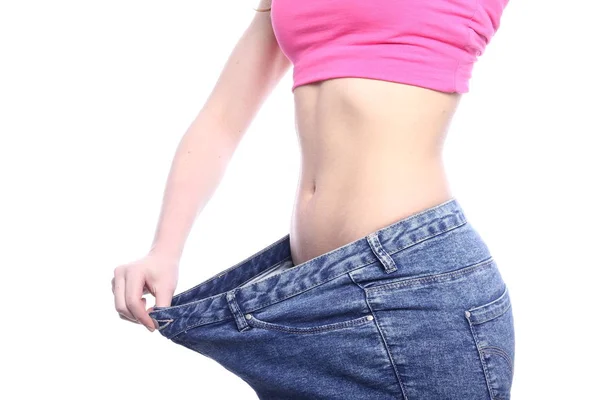 Caucasian Slim Girl Posing Big Jeans — Stock Photo, Image