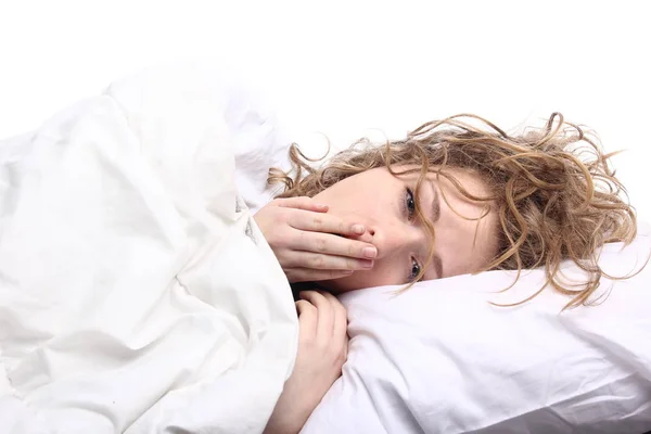 Beautiful Young Girl Lying Bed Yawning — Stock Photo, Image