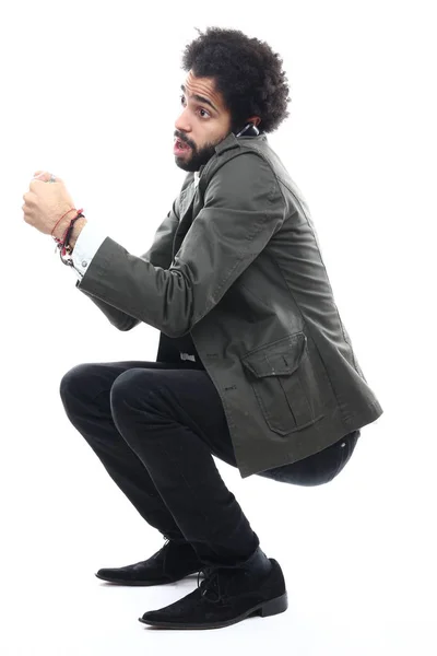 Homem Negócios Preto Sentado Falando Telefone Celular Fundo Branco — Fotografia de Stock