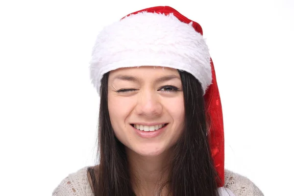 Giovane Ragazza Asiatica Indossa Cappello Natale Ammiccante — Foto Stock