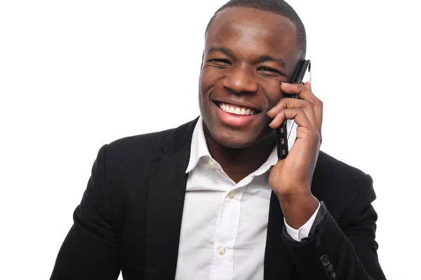 Homem Negócios Preto Falando Telefone Móvel — Fotografia de Stock