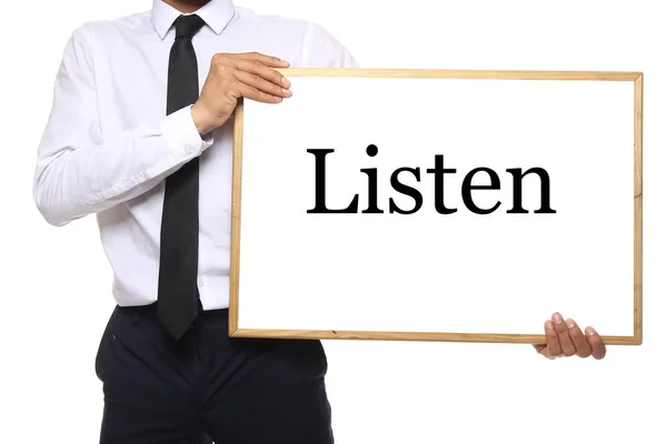 Businessman Holding Blackboard Word Listen — Stock Photo, Image