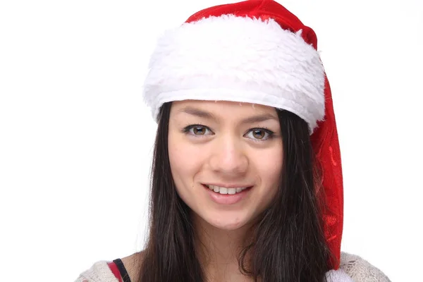 Счастливая Молодая Азиатка Рождественской Шляпе — стоковое фото