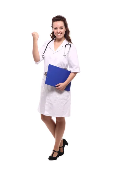 聴診器とクリップボード医療制服を着た白人女性医師 — ストック写真
