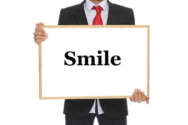 Affärsman Håller Blackboard Med Ordet Smile — Stockfoto