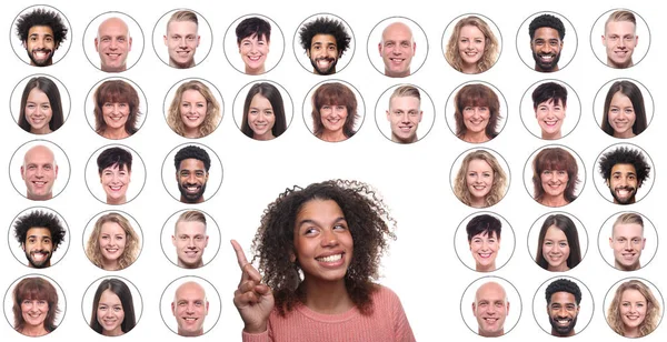 Afro American Woman Have New Idea Background Icons People Faces — Stock Photo, Image