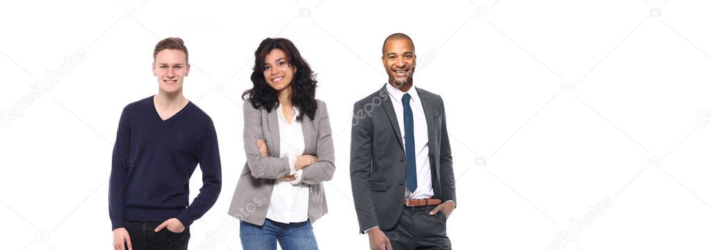 Set of multi-ethnic people is posing on white background