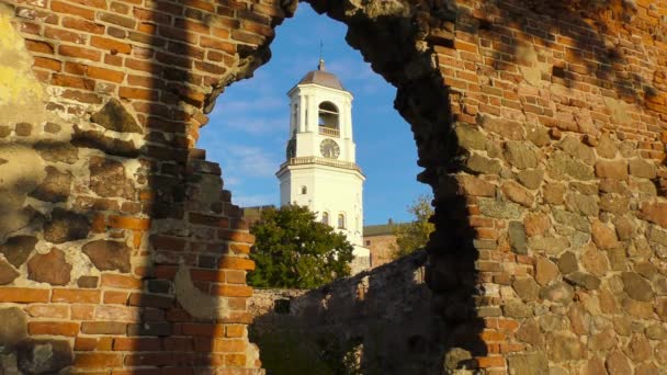 Vista Torre Relógio Partir Uma Janela Igreja Destruída Vyborg — Vídeo de Stock