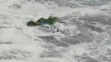 Dalgalar deniz kıyısındaki kayalıklarda kırılıyor.