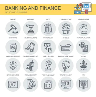 Bankacılık ve Finans. Vektör düz simgeler kümesi. Simgeleri simgeleri bankacılık, finans. İşaretler.