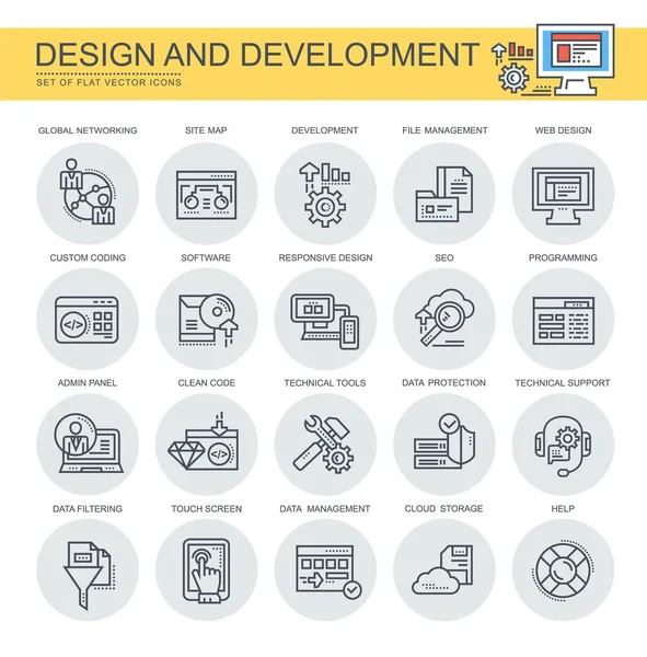 Design Desenvolvimento Conjunto Vetor Ícones Lineares Conjunto Contém Ícones Como —  Vetores de Stock