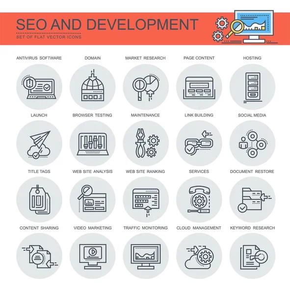 Seo 和开发 向量的集合 线性图标 赛斯包含诸如域 社交媒体等图标 — 图库矢量图片