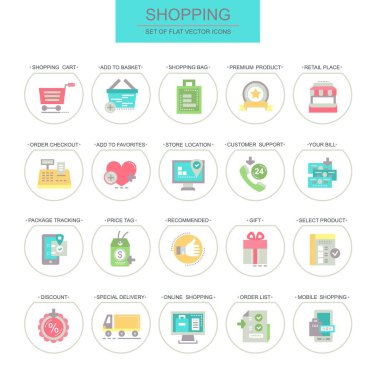 Alışveriş. Düz, doğrusal simgeler kümesi. Alışveriş sepeti ve diğer online alışveriş, olarak böyle simgeler içerir.