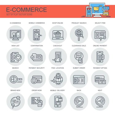 E-ticaret. Düz, vektör, doğrusal simgeler kümesi. Set olarak online alışveriş, ürün arama ve diğerleri gibi simgeler içerir.