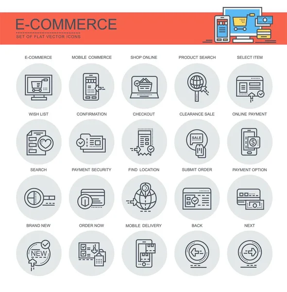 E-ticaret. Düz, vektör, doğrusal simgeler kümesi. Set olarak online alışveriş, ürün arama ve diğerleri gibi simgeler içerir.