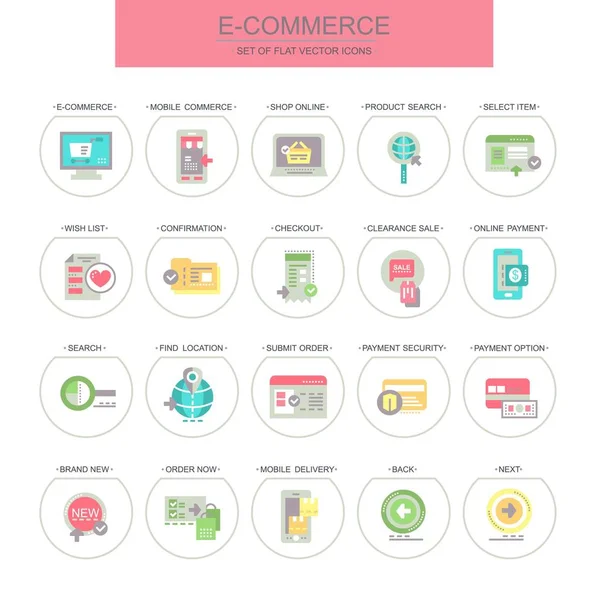 E-ticaret. Düz, vektör, doğrusal simgeler kümesi. Set olarak online alışveriş, ürün arama ve diğerleri gibi simgeler içerir.