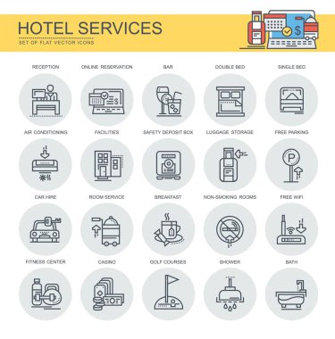 Otel Servisi. Düz, vektör, doğrusal simgeler kümesi. Seth retsepshen gibi simgeleri içerir, diğerleri fitness merkezi.