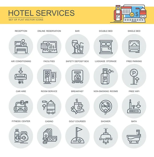 Otel Servisi. Düz, vektör, doğrusal simgeler kümesi. Seth retsepshen gibi simgeleri içerir, diğerleri fitness merkezi.
