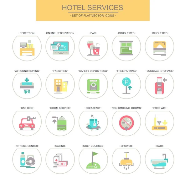 Otel Servisi. Düz, vektör, doğrusal simgeler kümesi. Seth retsepshen gibi simgeleri içerir, diğerleri fitness merkezi.