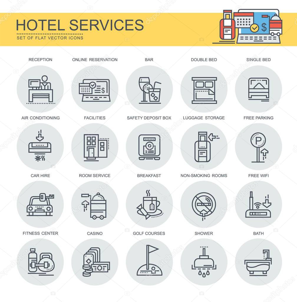 Hotel service. Set of flat, vector, linear icons. Seth contains icons such as retsepshen, fitness center others.